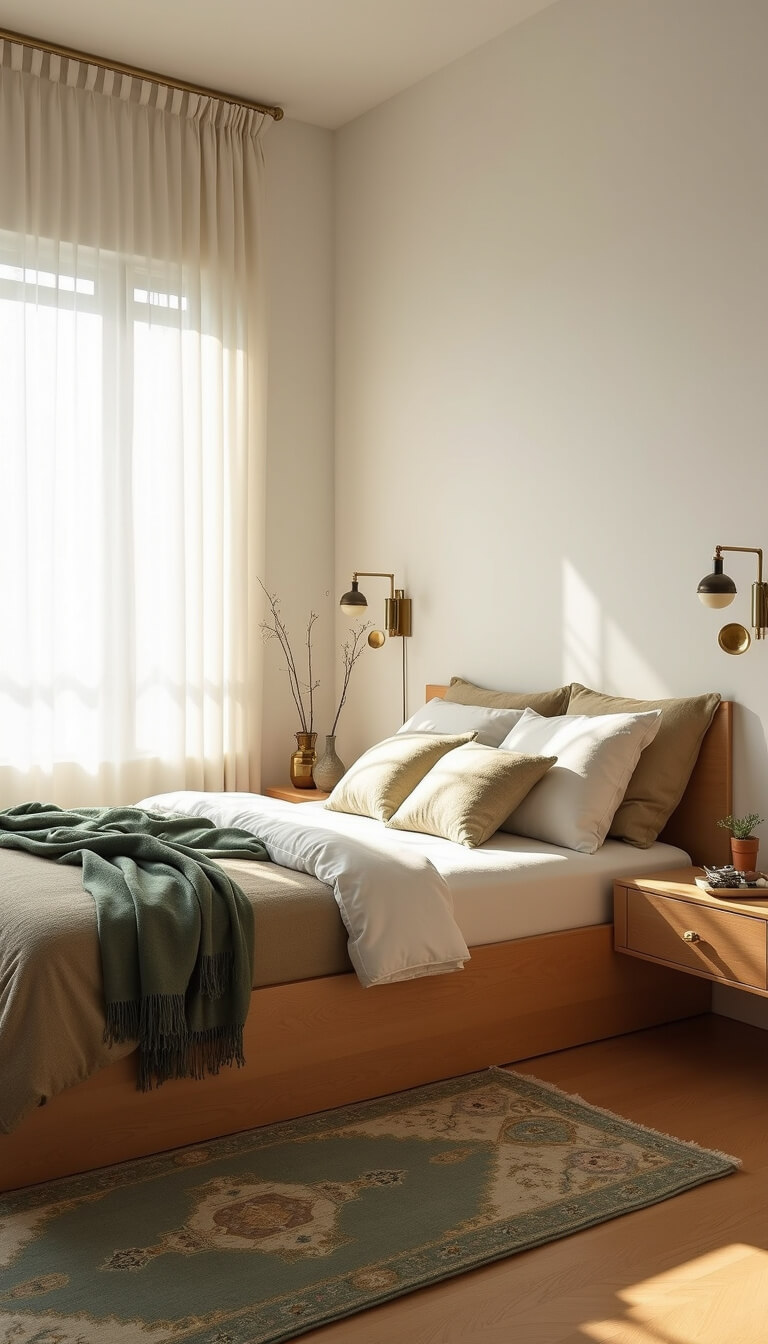 Minimalist 10x12ft bedroom with natural golden hour light, low oak platform bed, white and sage bedding, brass sconces, floating nightstands, and vintage Persian rug.