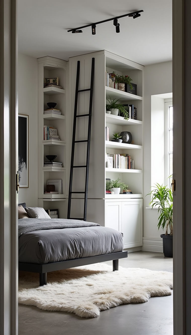 Vertical urban bedroom with tall white bookshelf wall, Murphy bed displaying abstract art, black ladder, concrete floors with sheepskin rugs, and green plant accents.