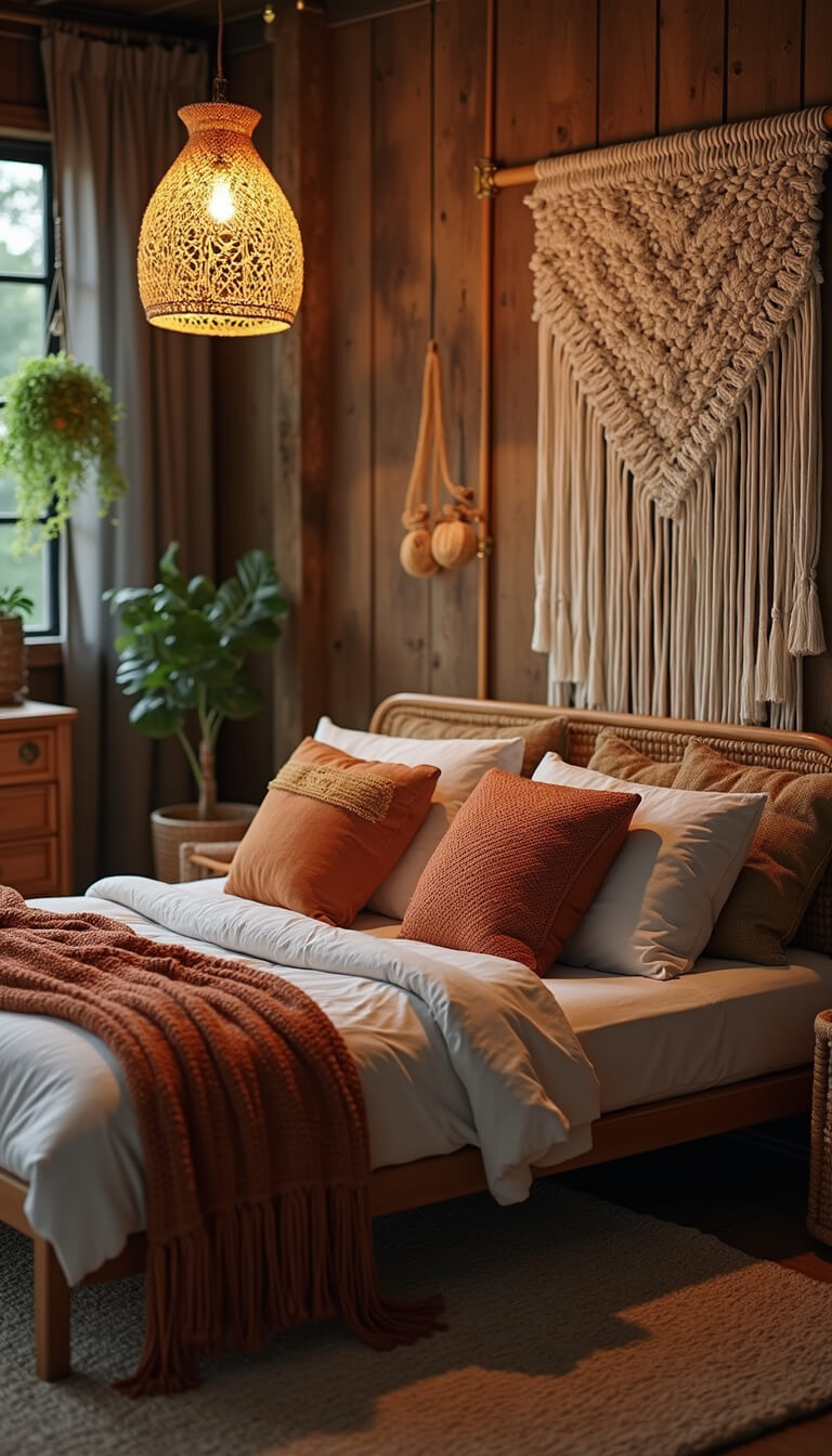 Boho-style bedroom with low rattan bed, earth-toned linens, macramé headboard, hanging plants, and warm dusk lighting.