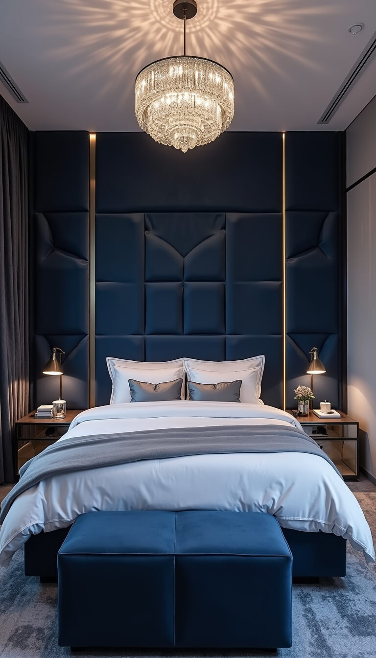 Luxurious 10x10ft bedroom at twilight with deep navy upholstered headboard wall, king bed in white hotel-style bedding, silver accent pillows, mirrored nightstands, ambient LED lighting, and crystal chandelier.