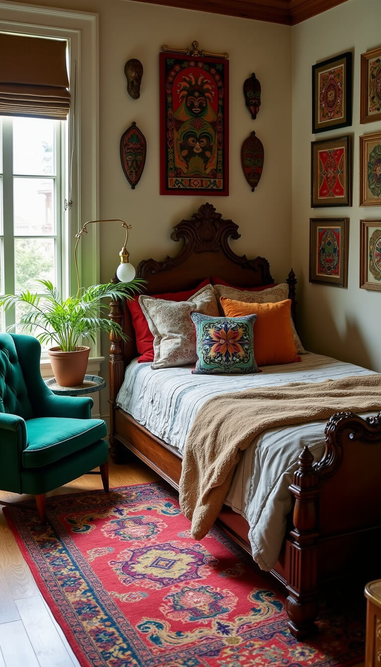 Eclectic 8x11ft bedroom with carved wooden bed, layered jewel-toned rugs, framed masks and textiles, emerald velvet chair, brass accents, potted palms, and patterned pillows in natural afternoon light.