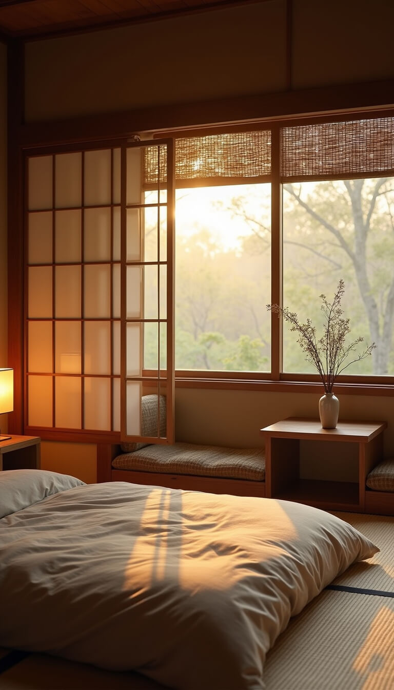 Minimalist Japanese Zen bedroom with low futon on tatami mats, bamboo screens, paper lanterns, and soft dawn light filtering through natural fiber shades.