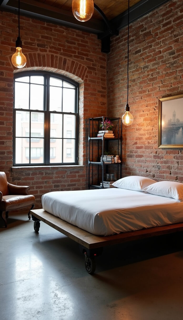 Industrial loft bedroom with exposed brick walls, steel windows, concrete floors, queen bed on vintage wheels, Edison lights, metal pipe shelves, and leather armchair, viewed from above with dramatic side lighting.