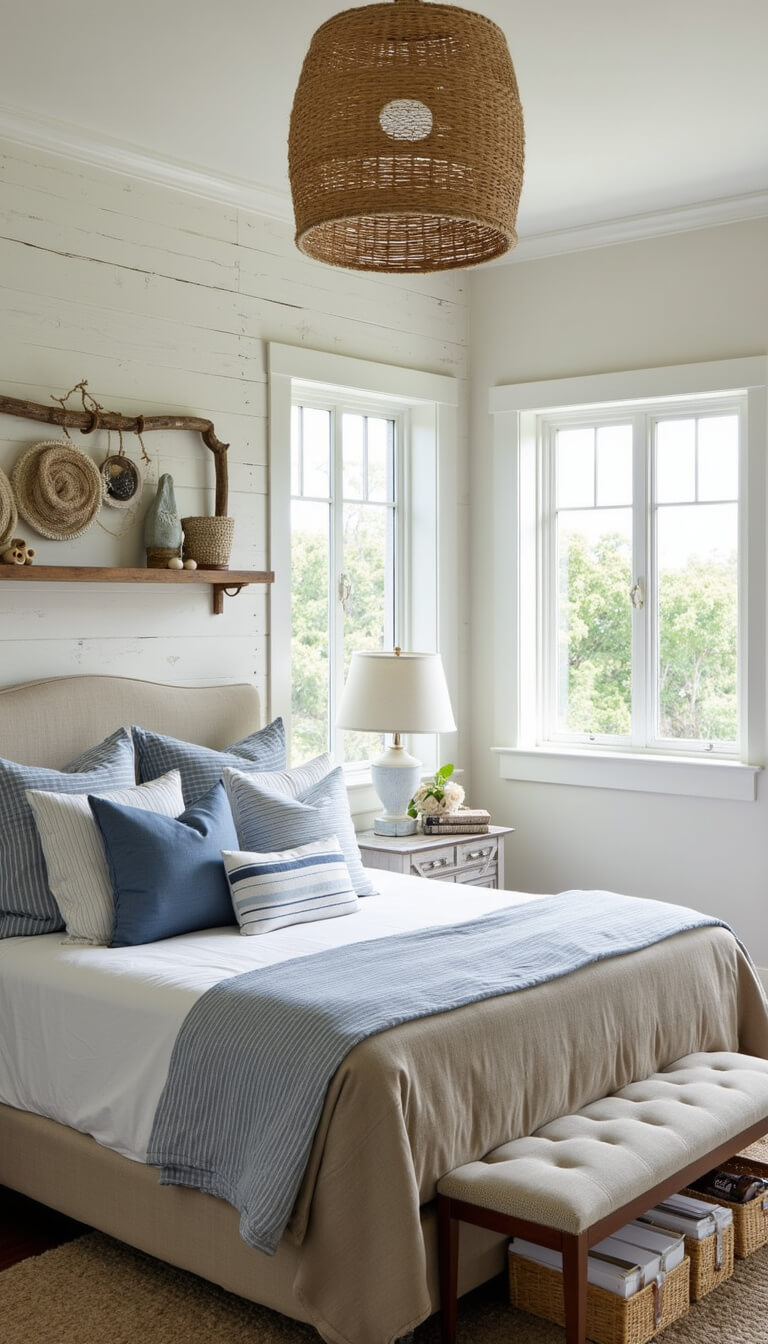 Coastal-themed 10x11ft bedroom with shiplap wall, sandy linen bed, blue and white bedding, driftwood mirror, and seagrass accents in bright morning light.