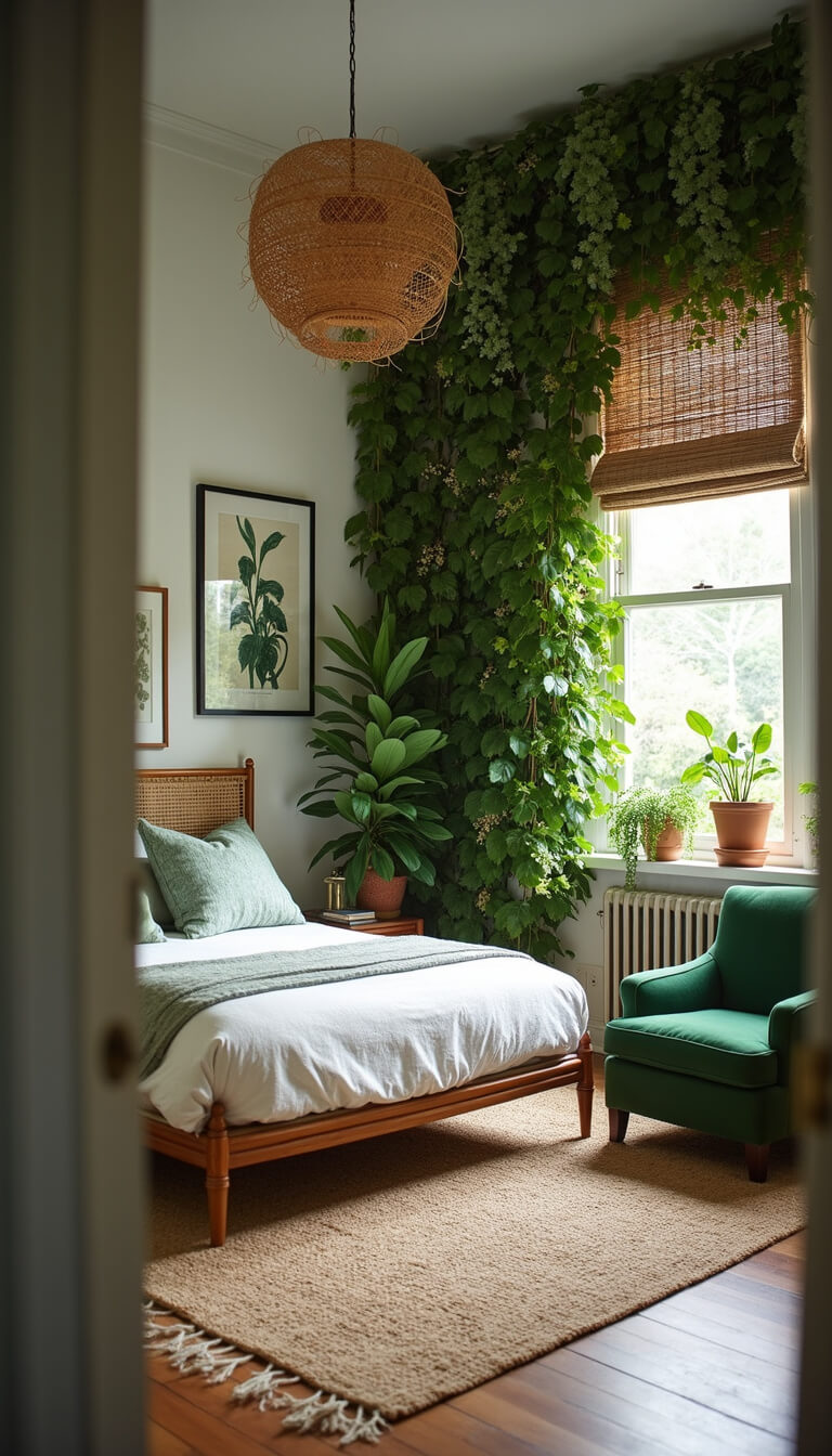 Cozy 11x10ft bedroom with trailing plant living wall, rattan bed, bamboo shades, green velvet chair, and layered white and sage bedding in filtered mid-afternoon light.