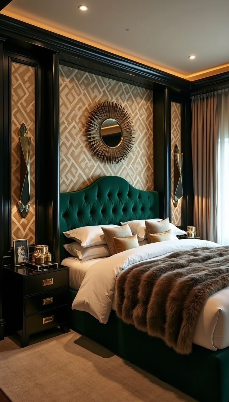 Art Deco bedroom at night with emerald velvet headboard, black lacquered furniture, gold geometric wallpaper, and dramatic metallic lighting.