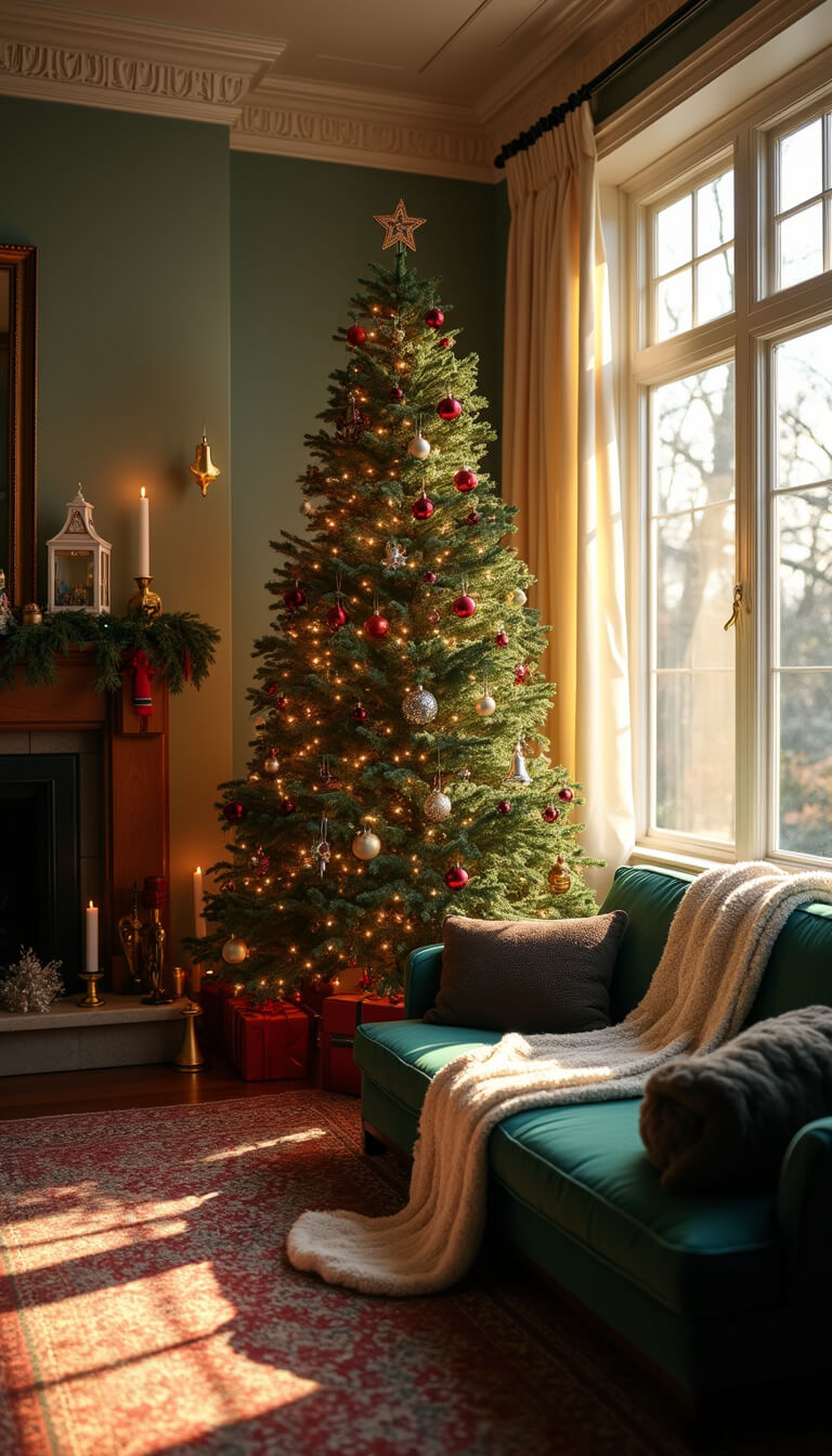 Spacious golden hour living room with vintage-decorated Christmas tree, velvet furnishings, and warm nostalgic lighting.