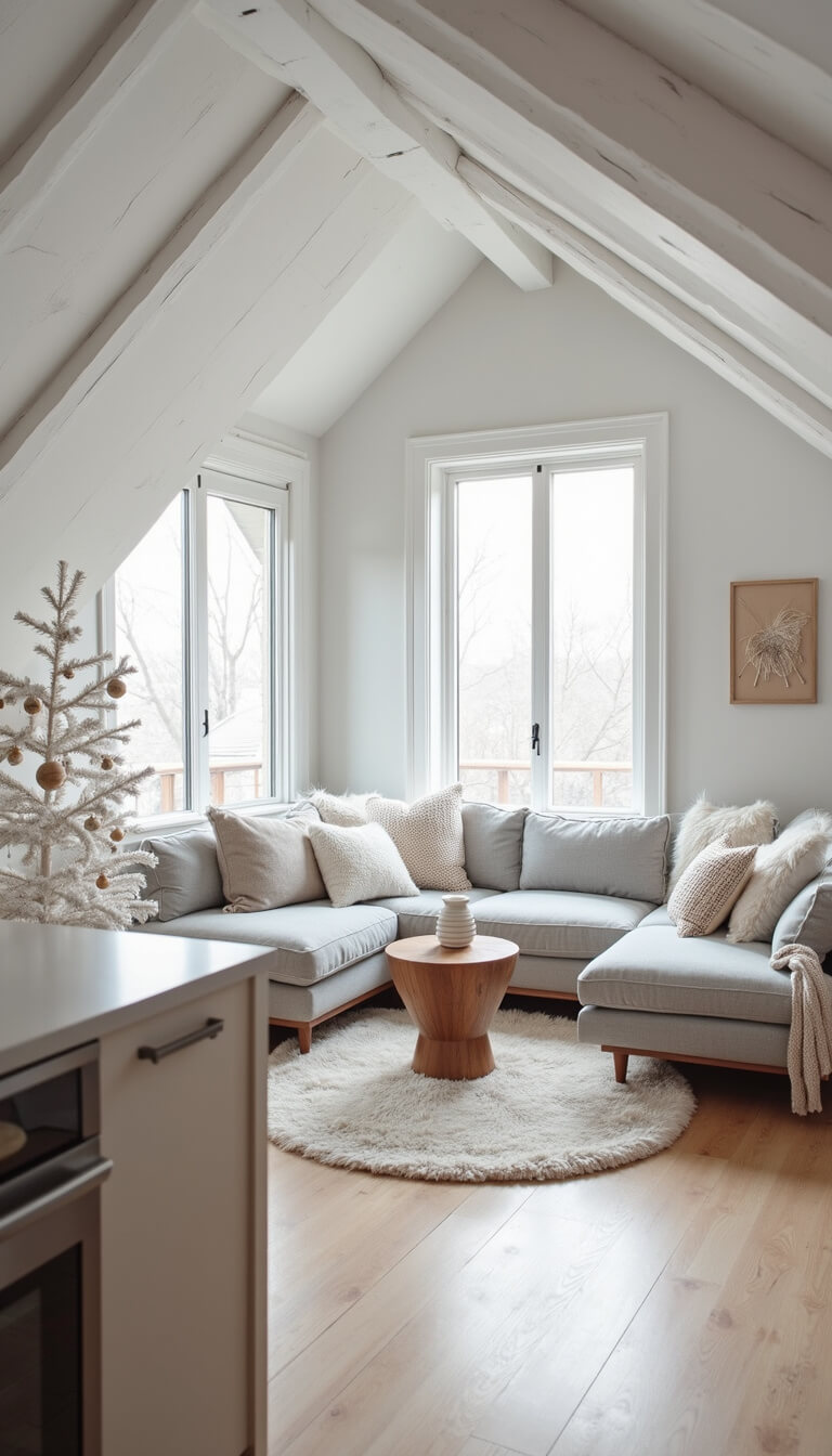 Modern Scandinavian open-concept living space with vaulted white-washed beam ceilings, minimalist Christmas décor, and pale gray sectional with cozy accents, captured in soft early morning light.