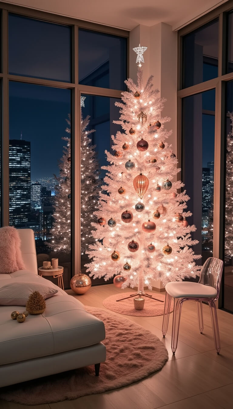 Modern penthouse living room at night with city skyline view, featuring tall metallic holiday tree in blush pink and chrome, white leather sectional, ghost chairs, and rose gold decor under dramatic lighting.