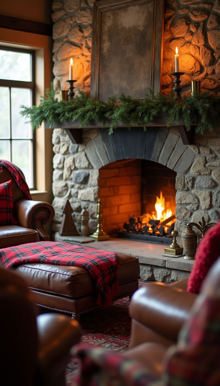 Cozy cottage living room with stone fireplace, cedar garland, vintage brass candlesticks, leather chair, buffalo check ottoman, and tartan decor in warm winter light.