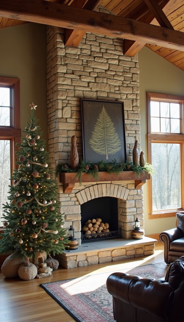 Rustic great room with 20ft stone fireplace, natural Christmas tree, morning light streaming through dormer windows, viewed from mezzanine level.