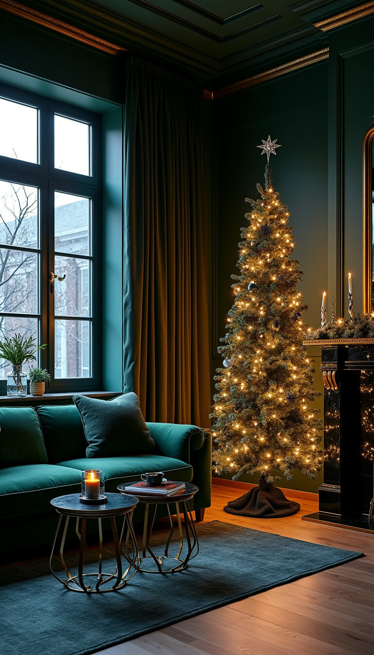 Art Deco formal living room at twilight with emerald green velvet sofas, slim black Christmas tree decorated in gold and crystal, brass side tables, and black marble fireplace, all bathed in dramatic blue uplighting.