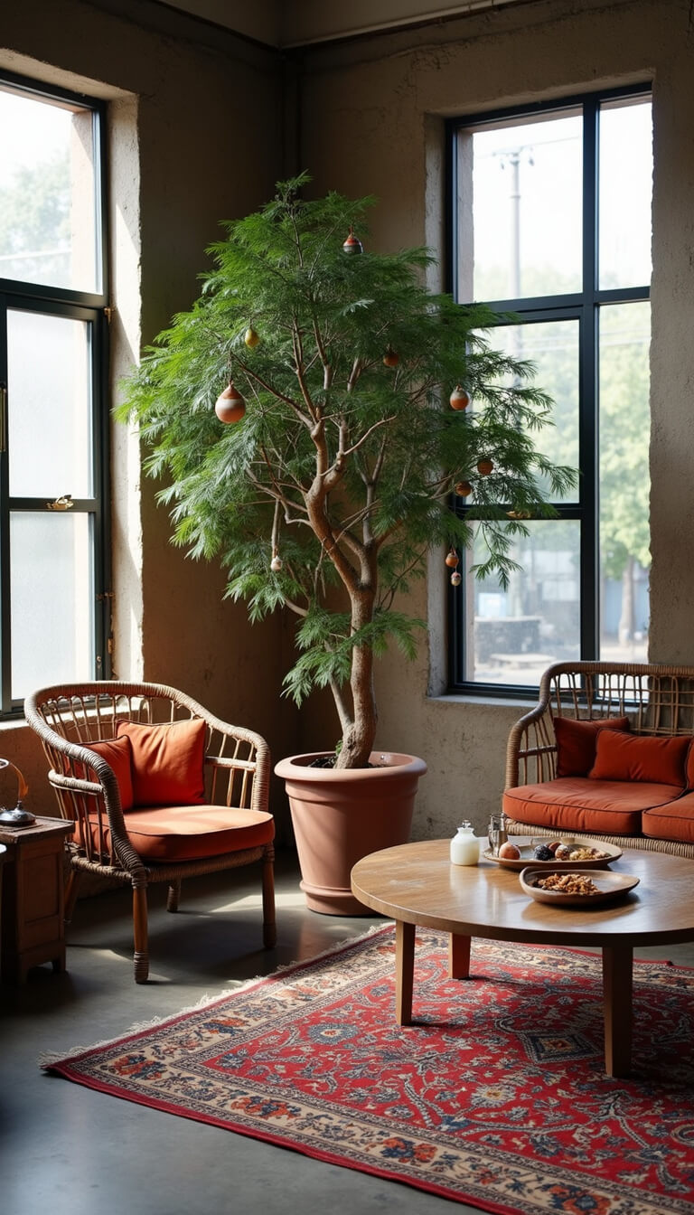 Bohemian loft with large Norfolk pine decorated with ceramics and dried oranges, rattan furniture with jewel-toned cushions, layered Persian rugs on concrete floor, viewed from above in natural midday light.
