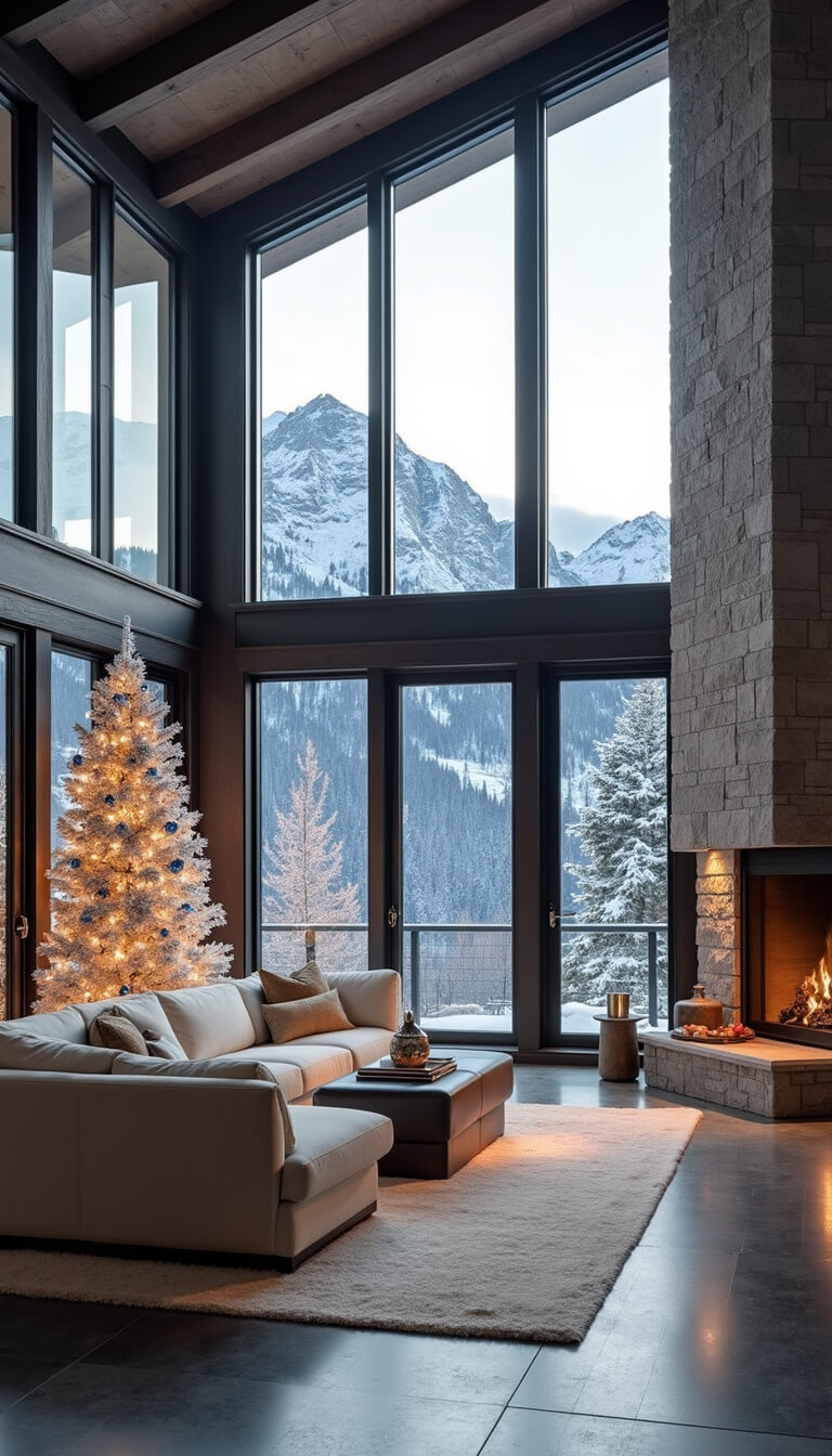 Mountain modern great room at sunrise with floor-to-ceiling windows showcasing snow-covered peaks, a 12-foot flocked tree with ice blue and silver ornaments, gray stone fireplace, cream bouclé sectional, and black metal accents.