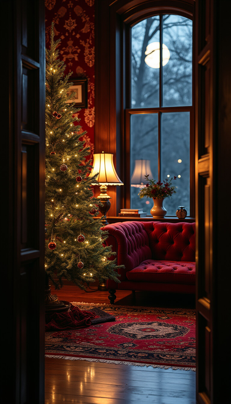 Victorian parlor at midnight with moonlight filtering through bay windows, a burgundy and gold decorated noble fir glowing in candlelight, surrounded by tufted jewel-toned velvet furniture, dark floral wallpaper, and layered oriental rugs, viewed through a doorway.