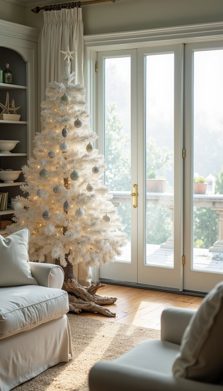 Coastal living room seen through French doors with sea mist, white flocked Christmas tree adorned with glass floats, starfish, and pearl garlands, slipcovered beige furniture, driftwood accents, and sea glass displays in soft natural light.