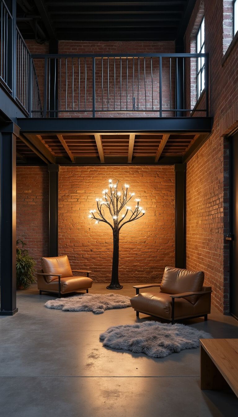 Industrial warehouse loft at dusk with minimalist lit black metal tree, exposed brick wall, concrete floors, leather chairs, sheepskin rugs, and raw wood elements, viewed from upper catwalk.