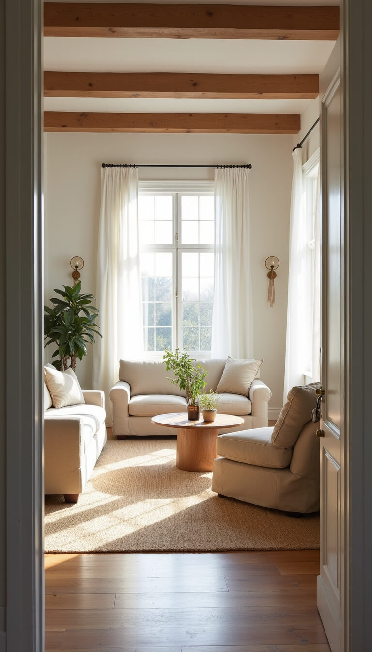 Sunlit living room with cream sofa, oatmeal armchairs, jute rug, and oak coffee table beneath exposed wooden beams and floor-to-ceiling windows.