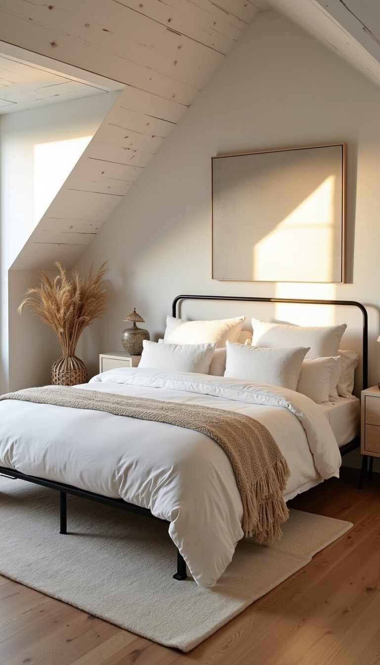 Sunlit vaulted bedroom with king bed in white linens, abstract art above headboard, floating nightstands, and pampas grass in seagrass basket.