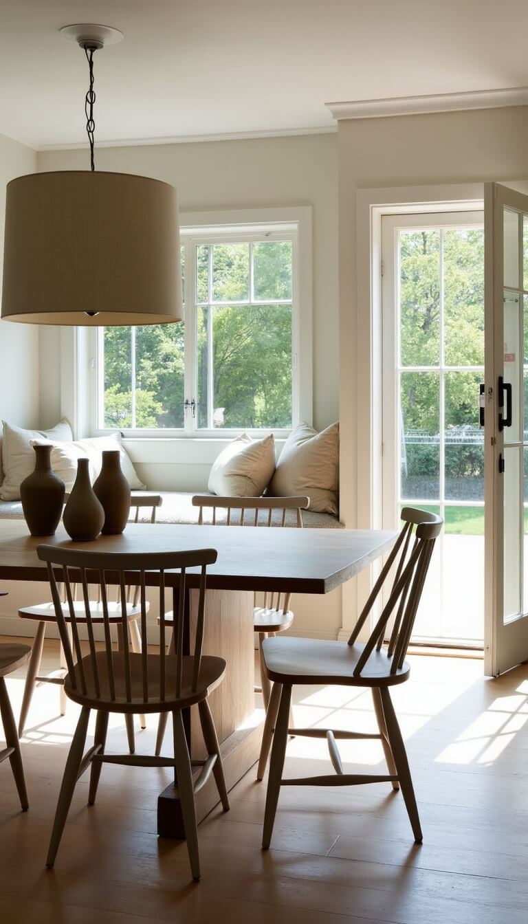 Bright dining room with oak table, white Windsor chairs, linen pendant, and garden view through French doors.
