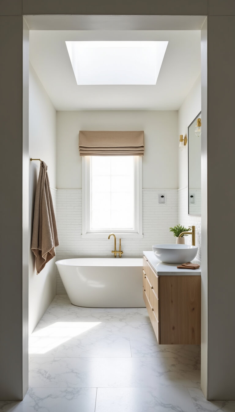 Modern 14x16ft primary bathroom with skylight, soaking tub, floating oak vanity, marble tile floor, and natural morning light.