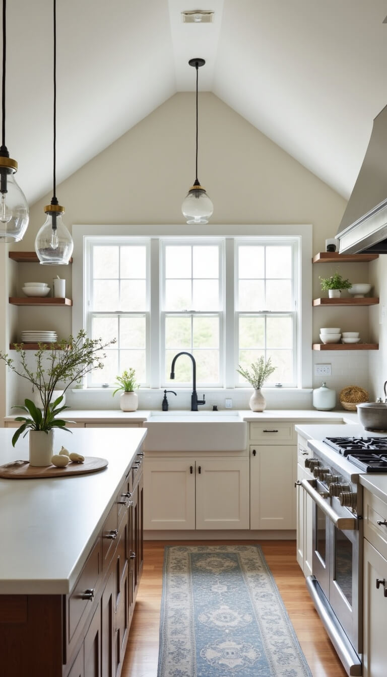 Minimalist 12x15ft kitchen with cathedral ceiling, white Shaker cabinets, soapstone counters, farmhouse sink, open shelves with white ceramics, vintage blue runner, and modern black pendant lights in soft morning light.
