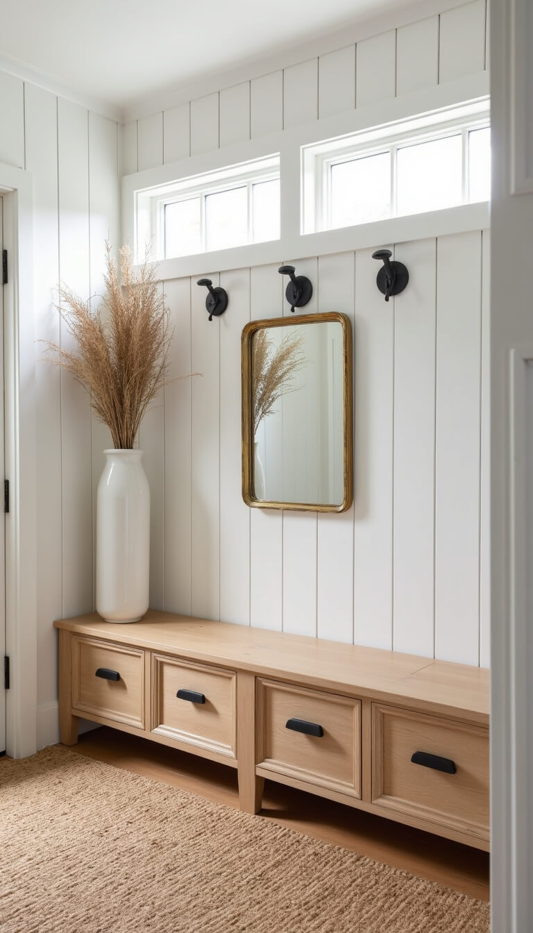 Modern 14x16ft mudroom with board and batten walls, bleached oak bench with storage drawers, black coat hooks, sisal runner, white planters with dried flowers, and brass-framed vintage mirror, lit by morning light through transom windows.