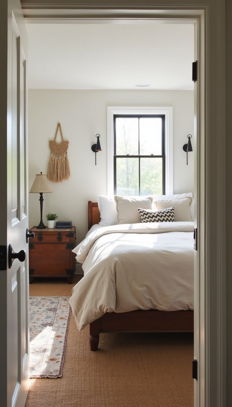 Cozy 16x18ft guest bedroom with queen bed in flax linen, black sconces, vintage trunk nightstand, handwoven wall hanging, sisal and vintage layered rugs, softly lit by early morning light through dormer windows.