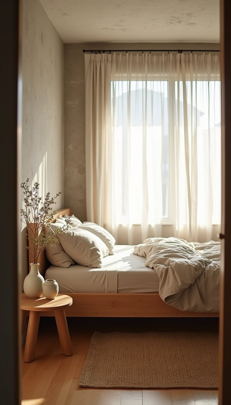 Serene minimalist bedroom with low wooden platform bed, wrinkled linen bedding, oak floors, jute rug, and ceramic decor under soft natural morning light.