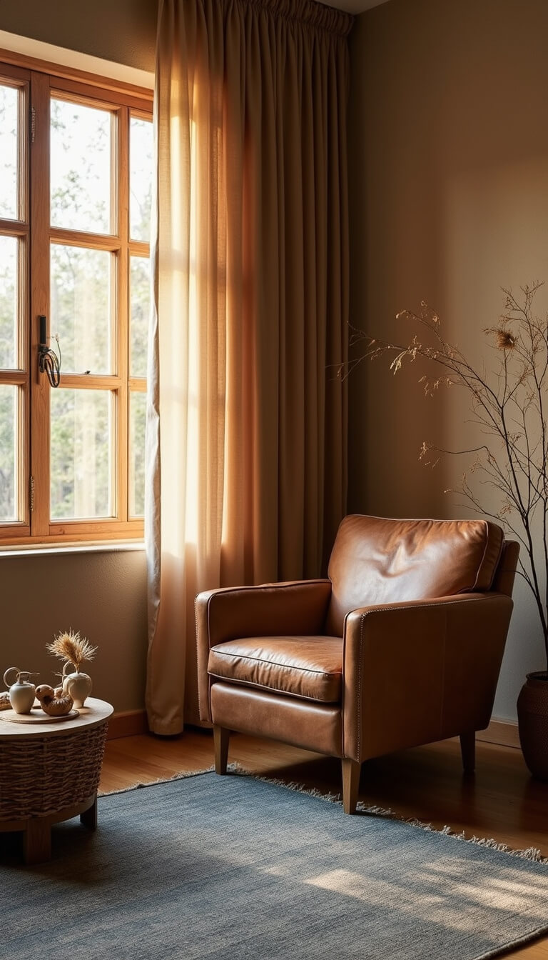 Cozy 10x12ft living room at golden hour with a worn leather armchair, warm filtered light through silk curtains, textured walls, indigo wool rug, wooden coffee table, ceramic floor lamp, and basket of dried pampas grass.