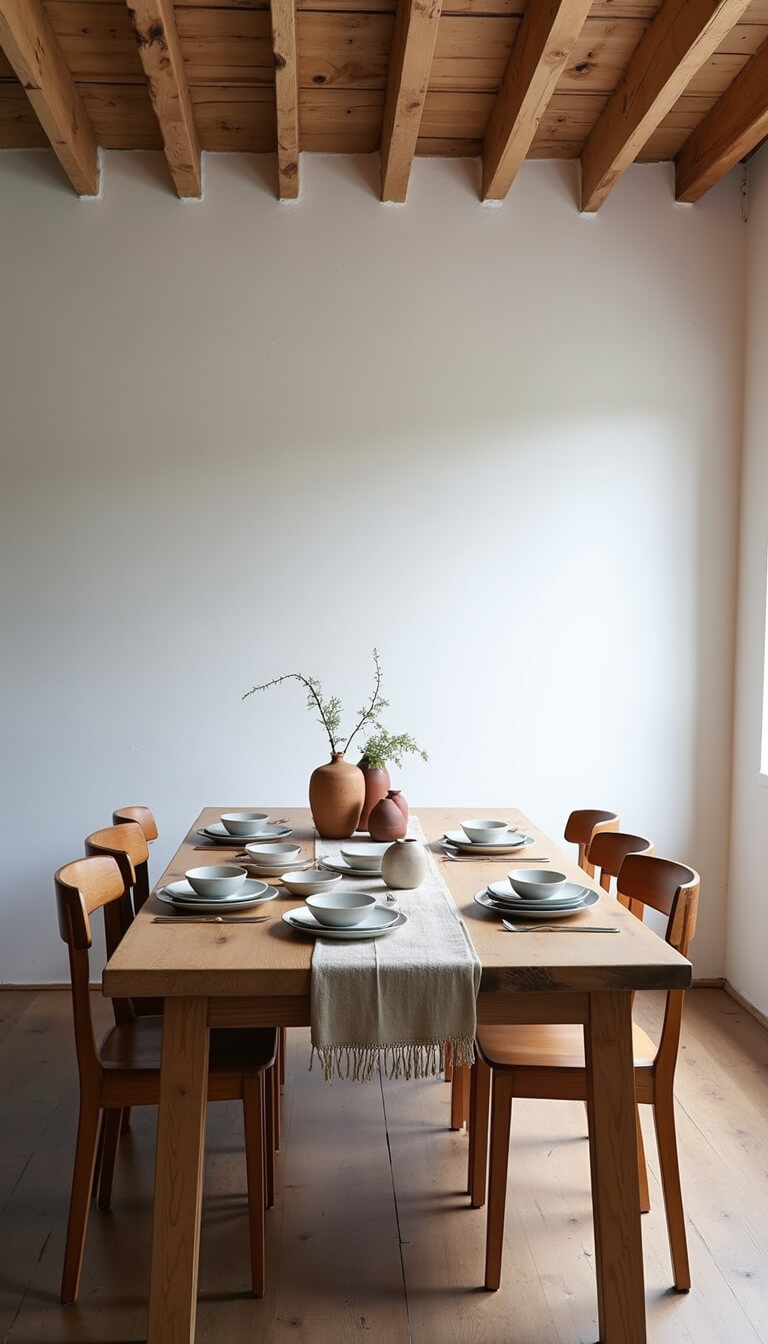 Minimalist dining room with aged maple table, vintage wooden chairs, ceramic plates, linen runner, and clay vessels under exposed wooden beams.