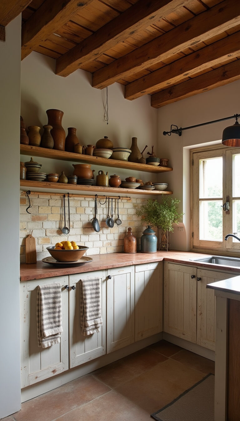 Rustic 15x20ft kitchen with exposed wooden beams, stone countertops, handmade tile backsplash, open shelving of pottery and utensils, copper pendant lighting, and soft afternoon light.