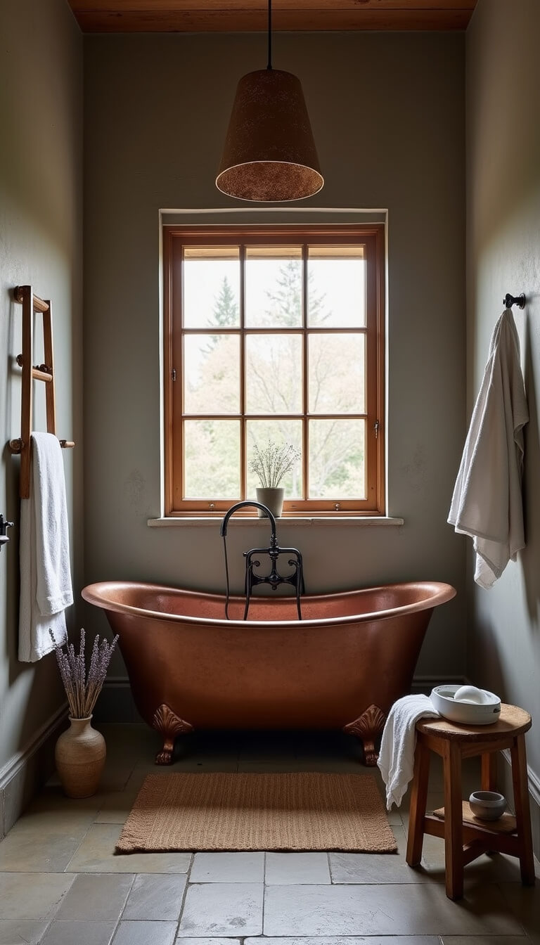 Twilight-lit bathroom with a copper tub, stone floor, plaster walls, and rustic decor including linen towels, a wooden stool, and dried lavender in a vase.