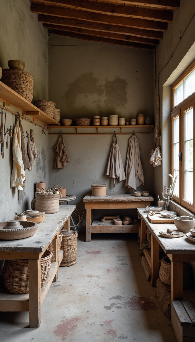 Artist studio with paint-splattered concrete floors, worn wooden workbench, pottery wheels, baskets, linen smocks, and handmade tools in diffused morning light.