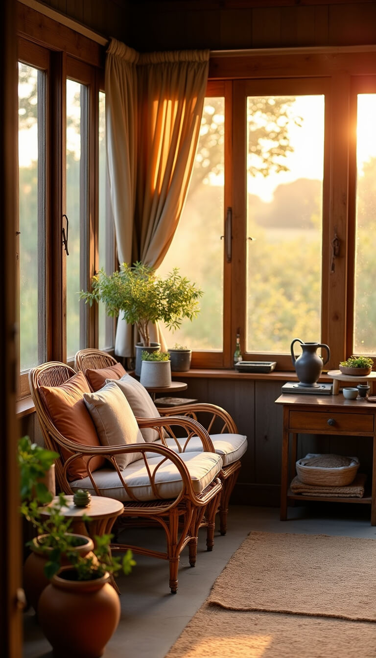Sunlit 12x15ft sunroom at sunset with vintage rattan chairs, cotton cushions, terracotta potted plants, wooden tea table, rush matting, and sheer linen curtains filtering golden light.