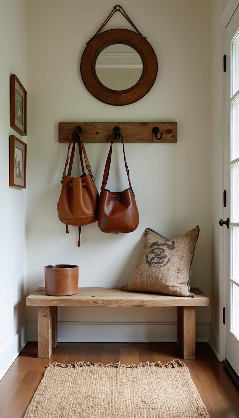 Midmorning-lit organic entryway with reclaimed wood bench, iron hooks holding leather bags, natural fiber runner, crazed ceramic umbrella holder, and weathered copper mirror.