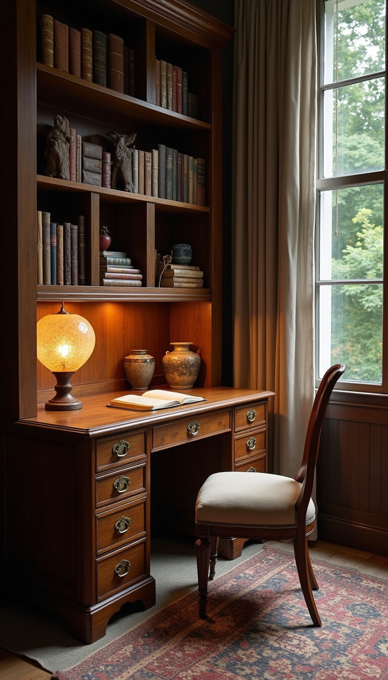 Warmly lit study at dusk featuring an antique wooden desk, hand-bound books on raw shelves, ceramic lamp, worn linen chair, handwoven rug, and oxidized brass accents.