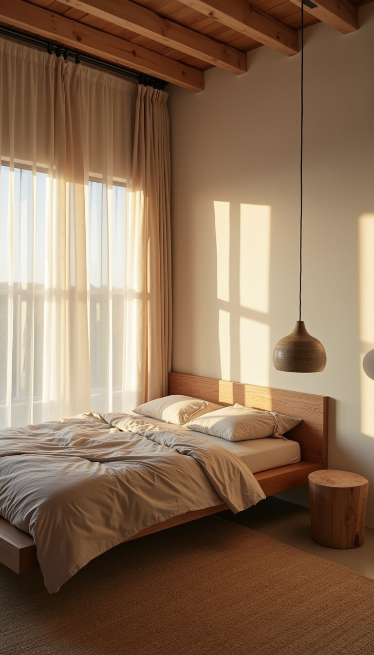 Minimalist 9x12ft guest room at dawn with low reclaimed timber bed, earth-toned linen bedding, ceramic pendant light, wooden stool bedside table, raw silk curtains, and aged grass mat.