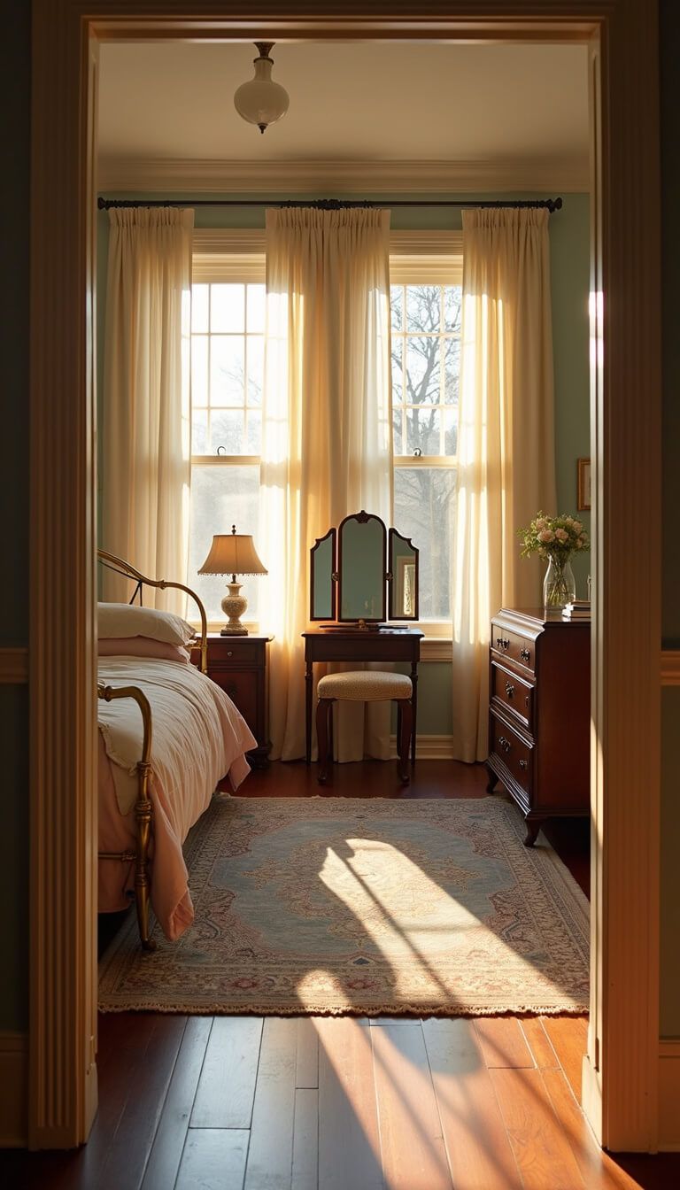 Victorian-style bedroom with brass bed, vintage linens, Persian rug, and golden hour light streaming through lace-curtained windows.