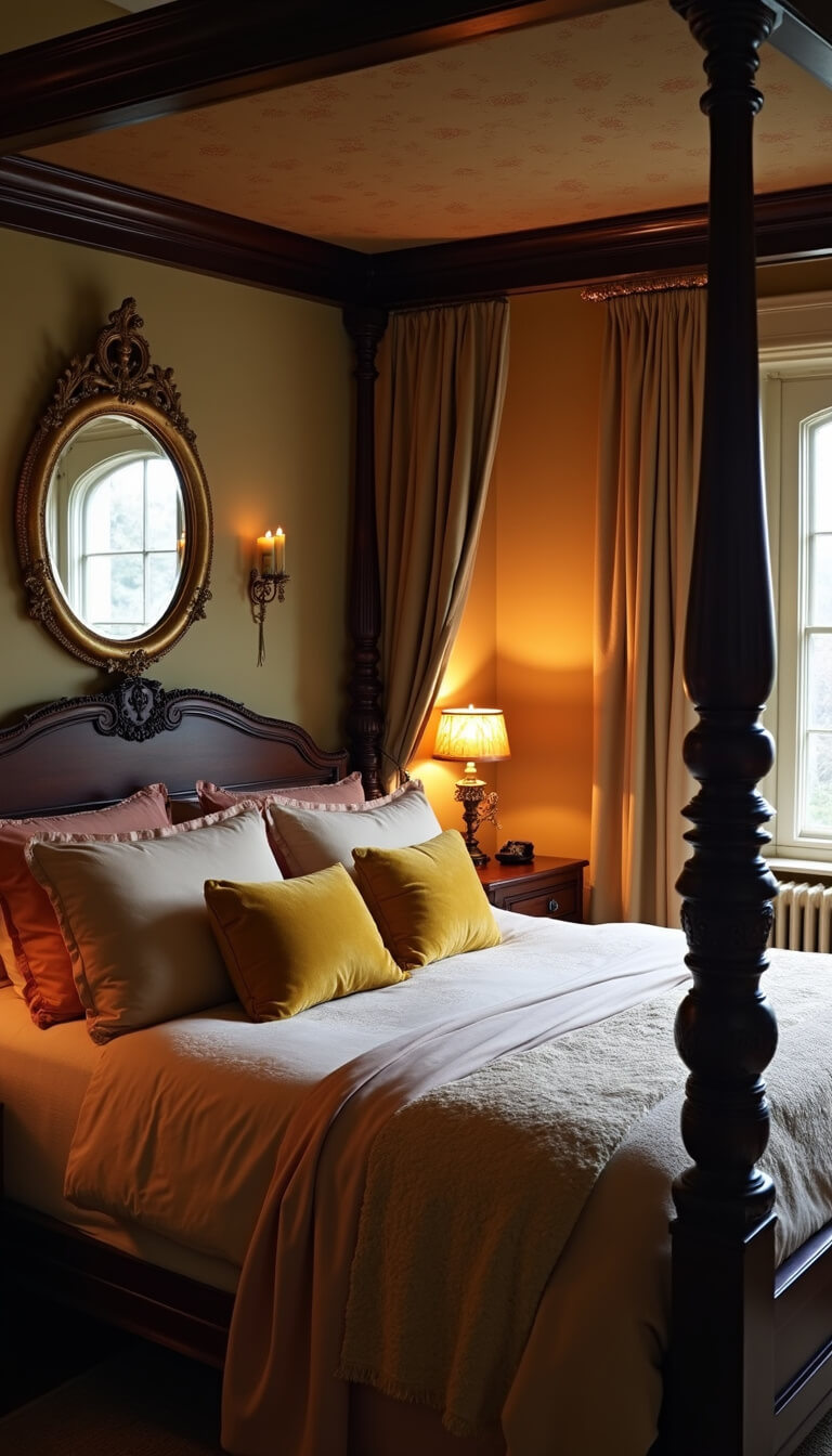 Dramatic dusk view of elegant master bedroom with four-poster mahogany bed, champagne silk canopy drapes, layered vintage and velvet bedding, gilt mirror, and brass sconces in moody lighting.