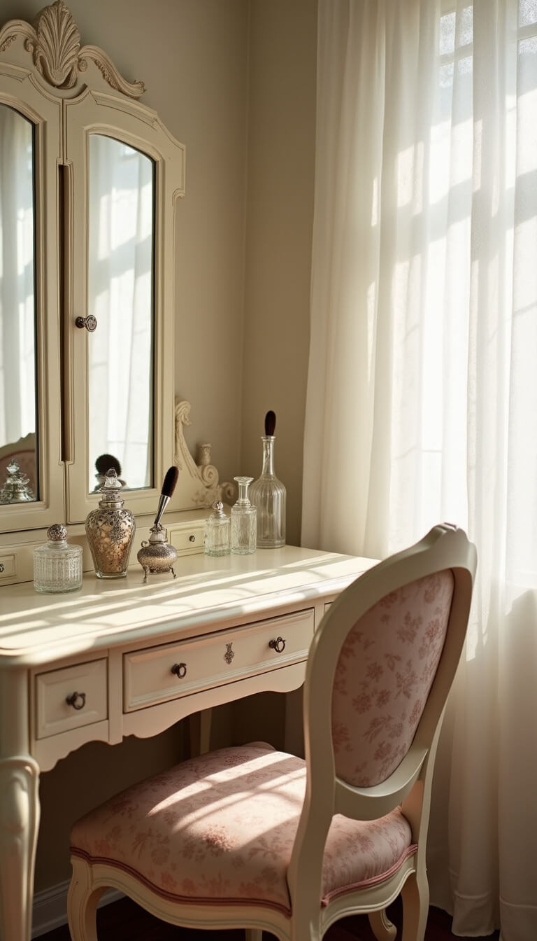 Sunlit bedroom with French provincial vanity, triple mirror, crystal perfume bottles, silver brushes, and rose damask Queen Anne chair, framed by lace curtains and soft-focus edges.