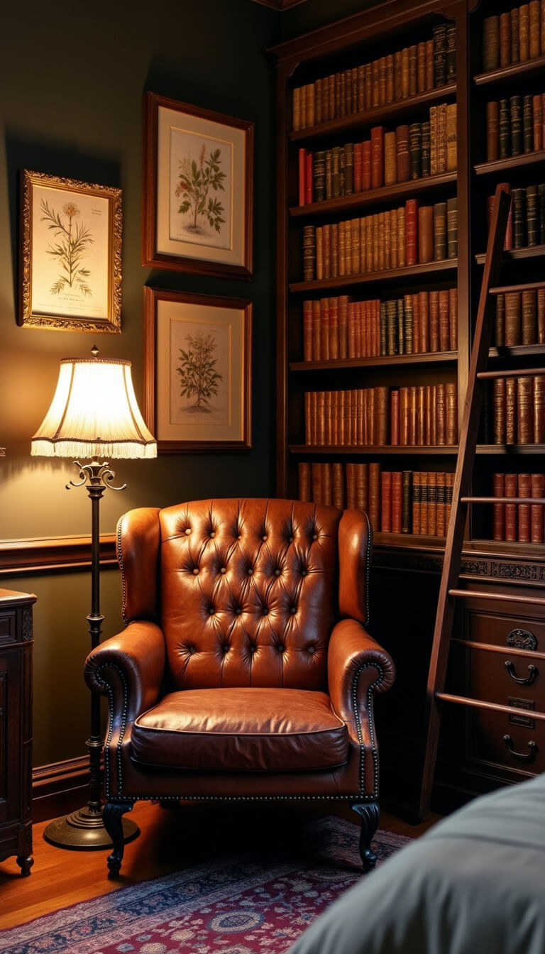 Cozy 8x10ft bedroom nook with antique leather reading chair, floor-to-ceiling bookshelf with rolling ladder, Victorian lamp, vintage maps and botanical prints, warm library-like lighting.