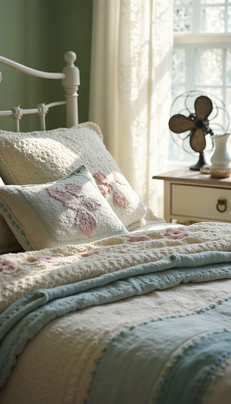 Close-up of layered antique bedding with vintage textiles on white iron bedframe, set against sage green walls, with lace-curtained morning light and vintage nightstand decor.