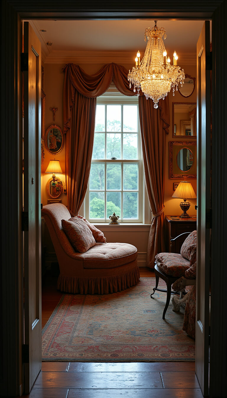 Twilight-lit vintage bedroom with gilt-framed mirror wall, crystal chandelier, velvet empire-style chaise, damask curtains, and faded jewel-toned antique rug.