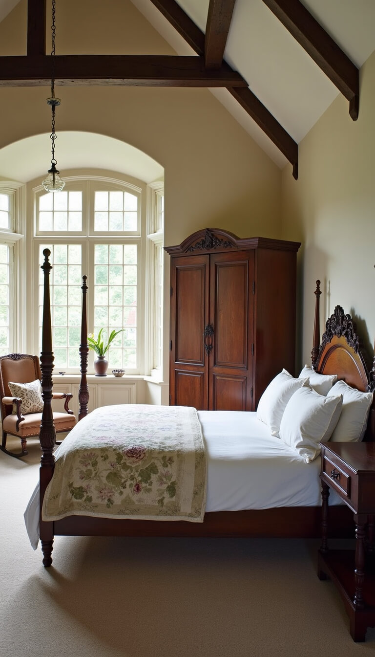 Elevated view of sunlit bedroom with cathedral ceiling, exposed beams, large dark oak armoire, four-poster bed in white linens, and antique rocking chair by bay window.
