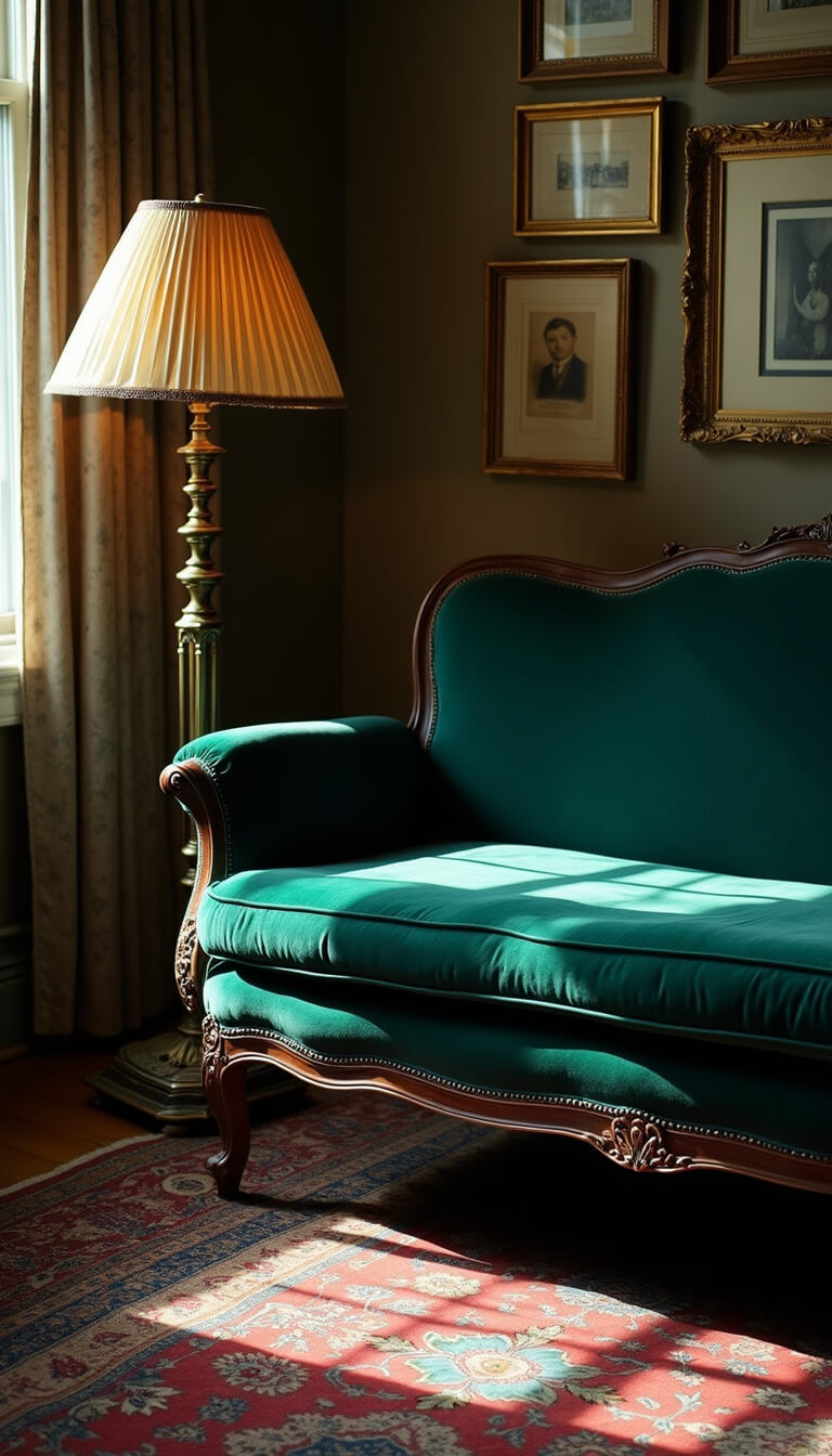 Victorian-style bedroom corner with emerald velvet fainting couch, brass floor lamp, sepia photo gallery wall, antique rug, and dramatic late afternoon shadows.