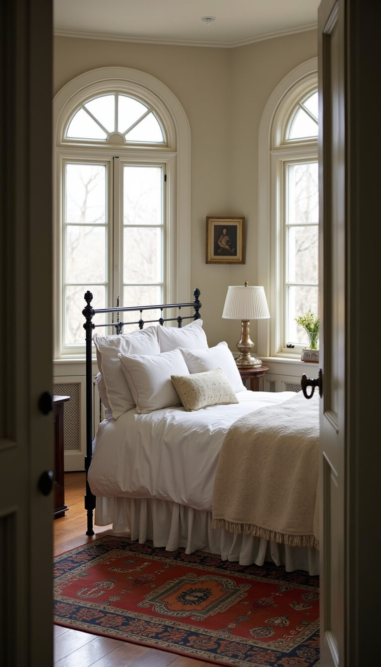 Bedroom at dawn with wrought iron bed, white linens, vintage coverlet, embroidered pillows, antique rug, and curved bay windows softly lit by morning light.