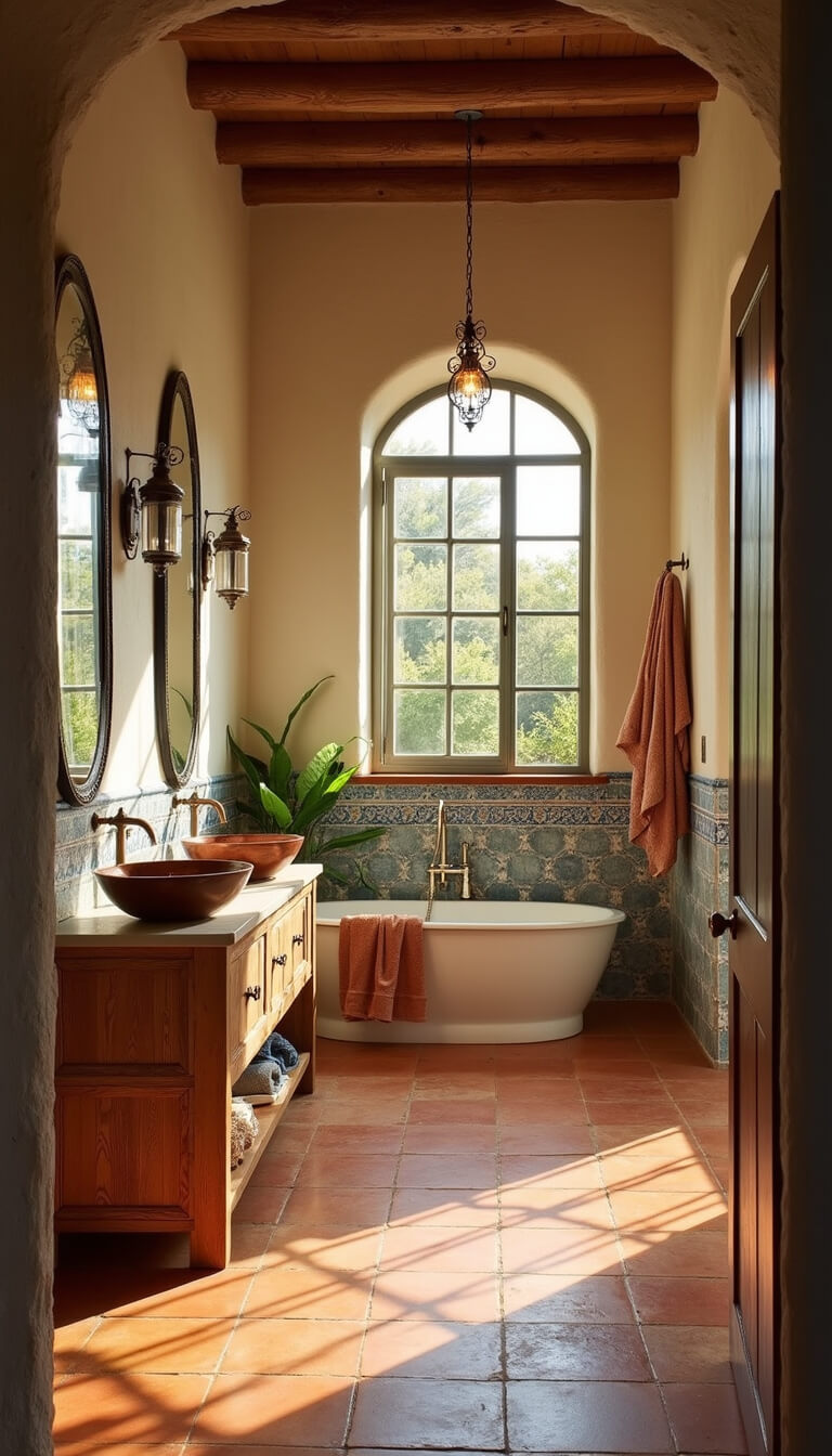 Sunlit Mediterranean master bathroom with terracotta tiles, copper sinks, and arched window casting golden hour light.