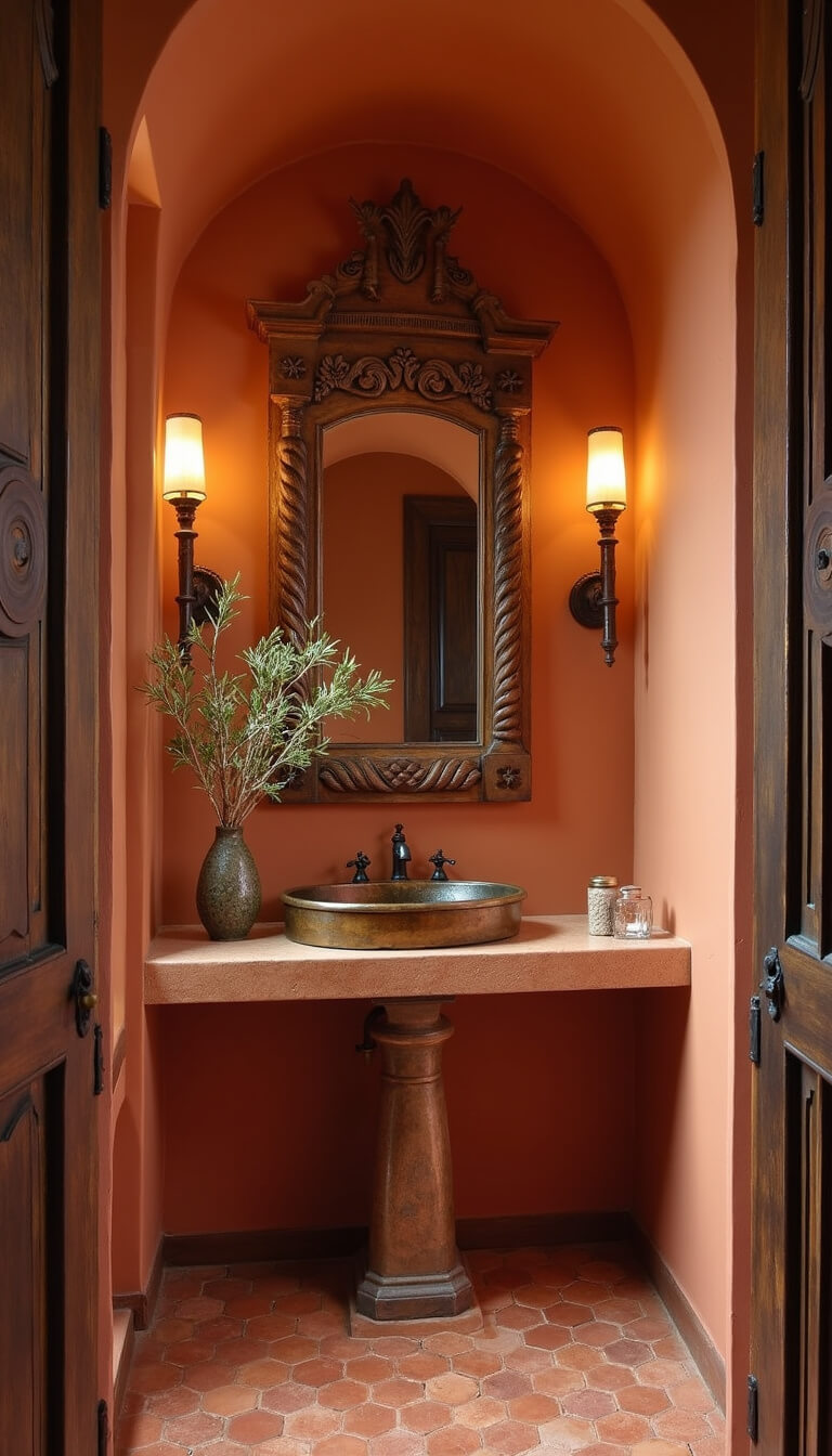 Low-angle view of cozy Mediterranean powder room with copper basin in arched niche, ochre plaster walls, terracotta tile floor, wood mirror, olive branch, and vintage brass sconces.