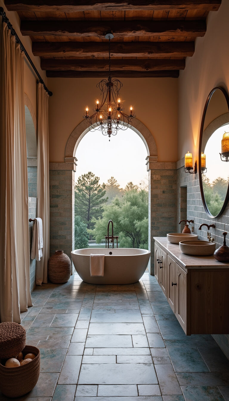 Mediterranean spa bathroom at dusk with limestone soaking tub, blue zellige tiles, wood beam ceiling, and moody lighting.